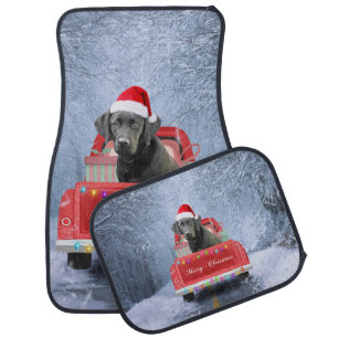 Black Labrador Dog in Snow sitting in Christmas Car Floor Mat