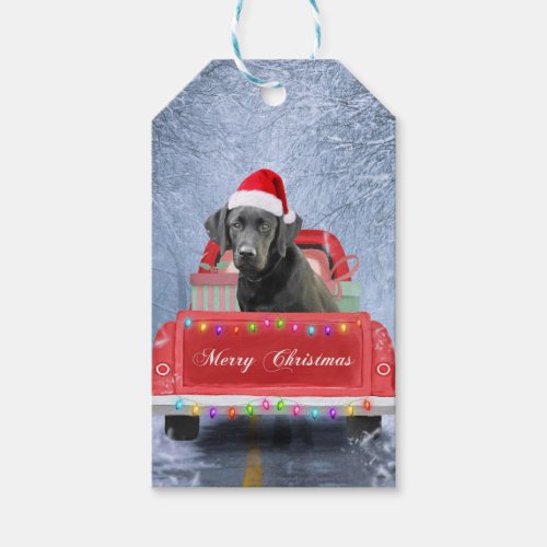 Black Labrador Dog in Snow sitting in Christmas  Gift Tags
