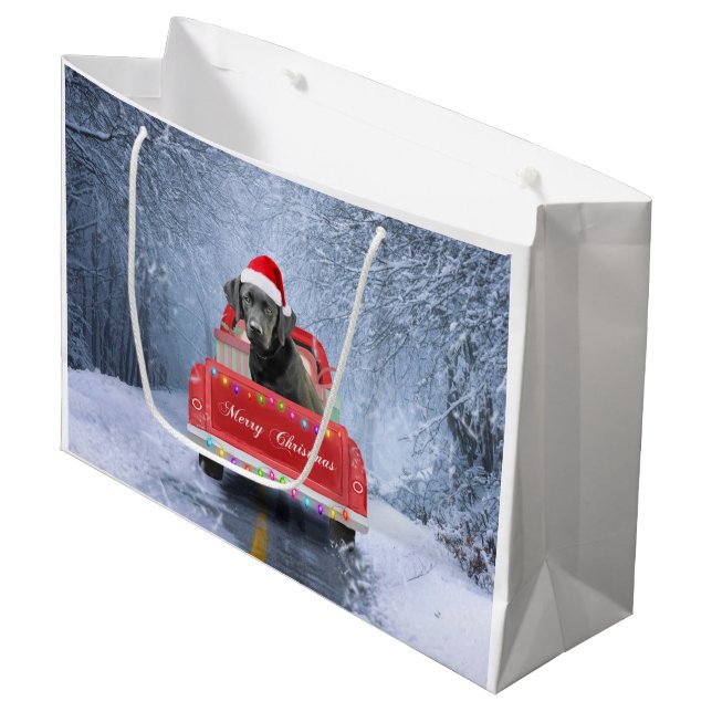 Black Labrador Dog in Snow sitting in Christmas  Large Gift Bag (Front Angled)