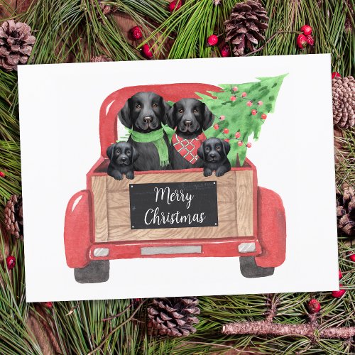 Black Labrador Dog Personalize Red Christmas Truck Holiday Postcard