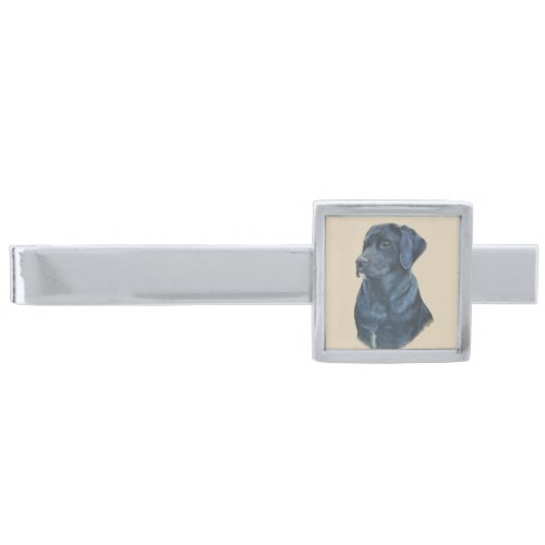 black Labrador dog portrait art original design Silver Finish Tie Clip