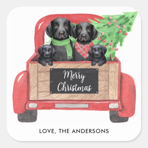 Black Labrador Dog Red Christmas Truck Holiday Square Sticker