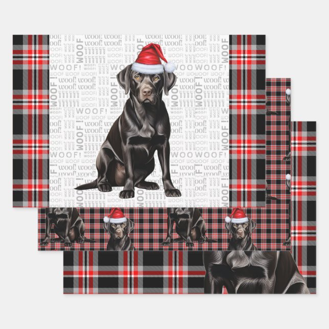 Black Labrador Dog Red Plaid Christmas Wrapping Paper Sheets (Set)