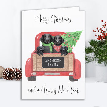 Black Labrador Dog Red Truck Merry Christmas Holiday Card by BlackDogArtJudy at Zazzle