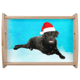 Black Labrador Dog Sitting in Snow Christmas Serving Tray