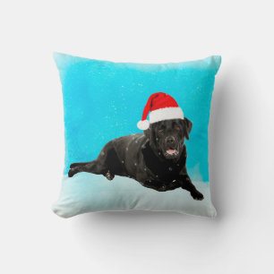 Black Labrador Dog Sitting in Snow Christmas Throw Pillow