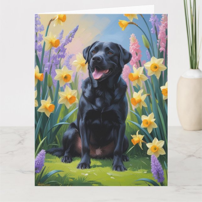 Black Labrador Dog Spring Flowers Painting Card (Front)