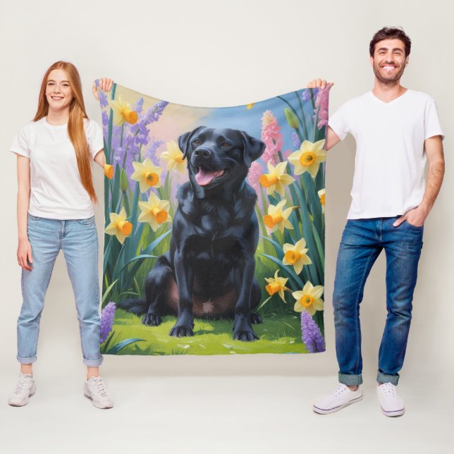 Black Labrador Dog Spring Flowers Painting Fleece Blanket (In Situ)