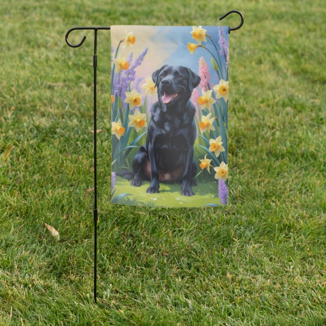 Black Labrador Dog Spring Flowers Painting Garden Flag (In SItu)