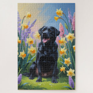 Black Labrador Dog Spring Flowers Painting Jigsaw Puzzle