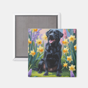 Black Labrador Dog Spring Flowers Painting Magnet