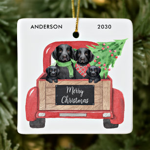 Black Labrador Dog Vintage Red Christmas Truck Ceramic Ornament