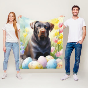 Black Labrador Dog with Easter Eggs Holiday Fleece Blanket