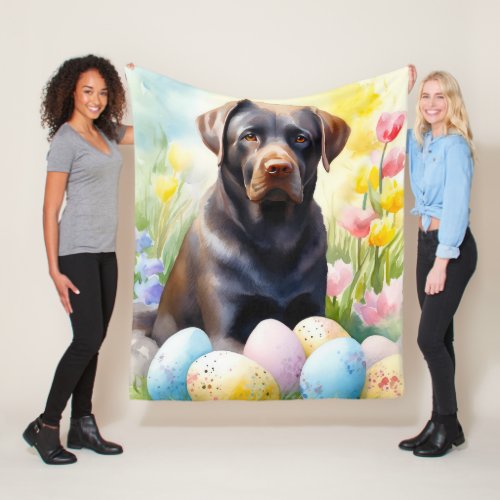 Black Labrador Dog with Easter Eggs Holiday Fleece Blanket