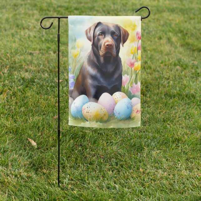 Black Labrador Dog with Easter Eggs Holiday Garden Flag (In SItu)