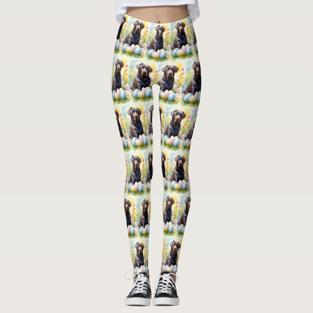 Black Labrador Dog with Easter Eggs Holiday Leggings (Front)