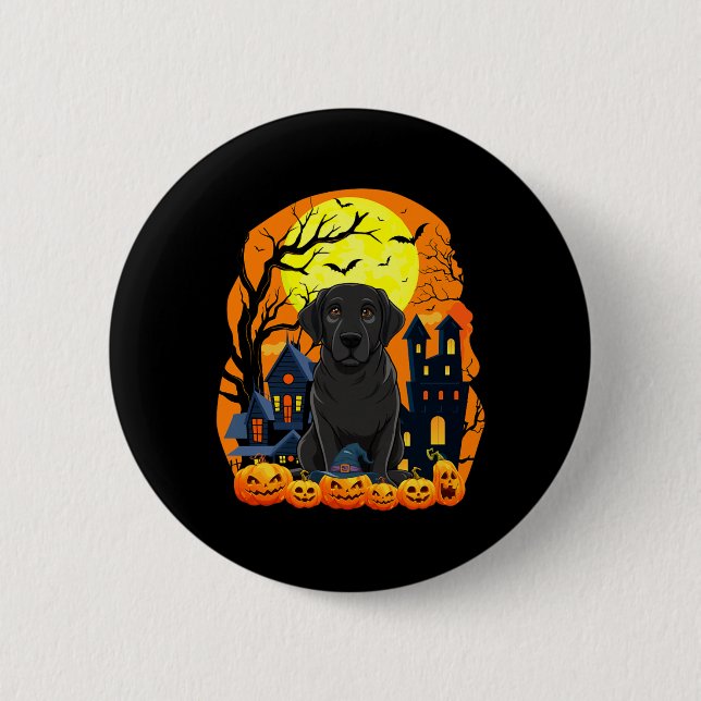 Black Labrador Dog With Pumpkins Funny Scary Button (Front)