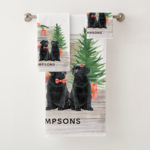 Black Labrador Dogs Christmas Fireplace Scene Bath Towel Set