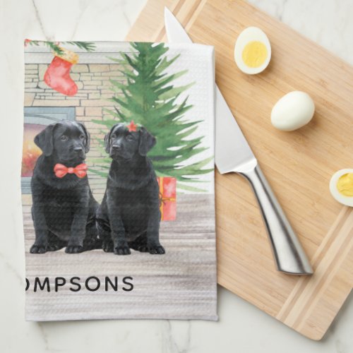 Black Labrador Dogs Christmas Fireplace Scene Kitchen Towel