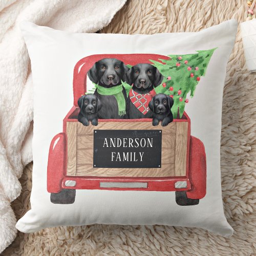 Black Labrador Dogs Red Truck Christmas Holiday Throw Pillow