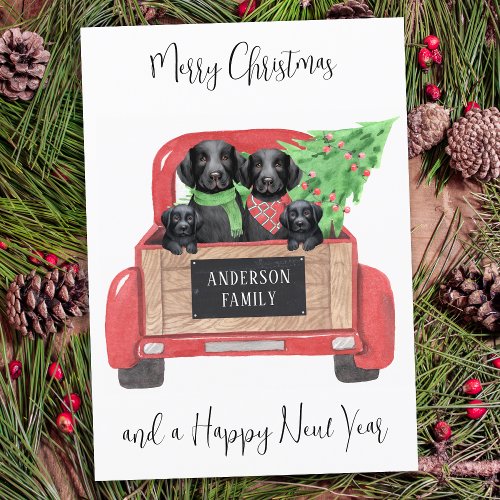 Black Labrador Dogs Red Truck Merry Christmas Holiday Card