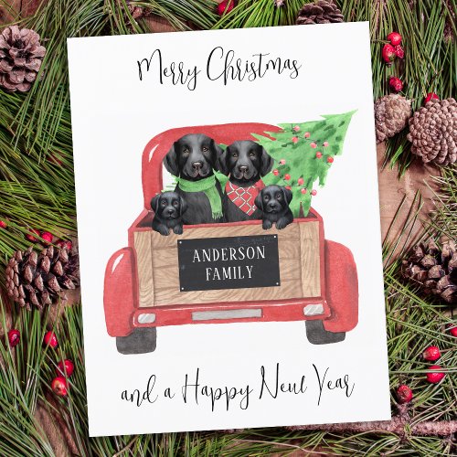 Black Labrador Dogs Red Truck Merry Christmas Holiday Postcard