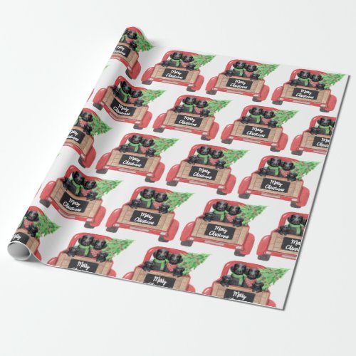 Black Labrador Dogs Red Truck Merry Christmas Wrapping Paper