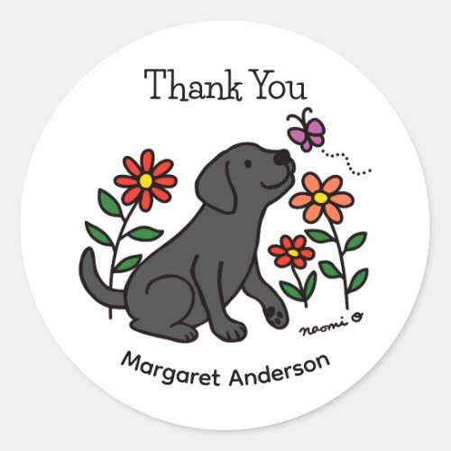 Black Labrador Flowers Cartoon Classic Round Sticker