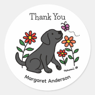 Black Labrador Flowers Cartoon Classic Round Sticker