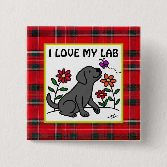 Black Labrador & Green Tartan Pinback Button (Front)