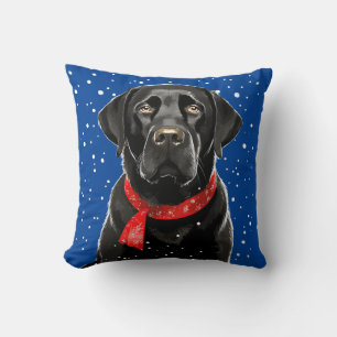 Black Labrador Holiday Blue Winter Throw Pillow