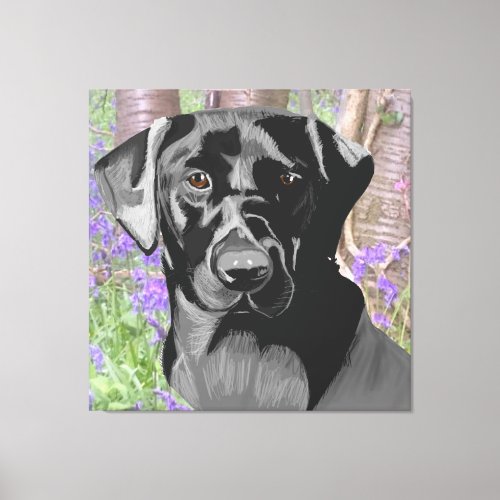 Black Labrador in a Bluebell Wood Canvas Print