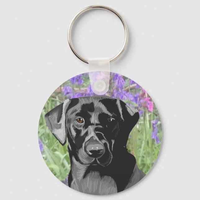 Black Labrador in a Bluebell Wood  Keychain (Front)