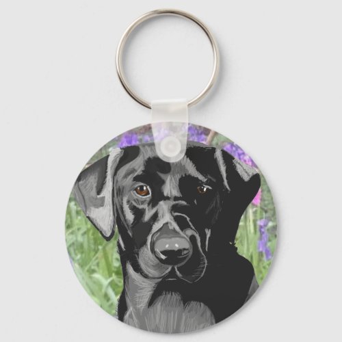 Black Labrador in a Bluebell Wood Keychain