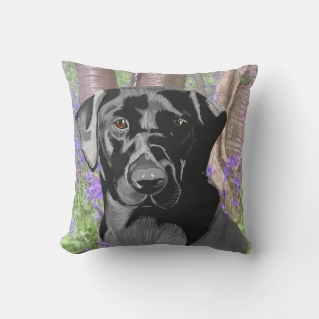 Black Labrador in a Bluebell Wood Throw Pillow (Front)
