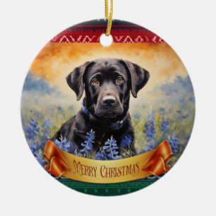 Black Labrador in Bluebonnets Ceramic Ornament