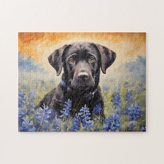 Black Labrador in Bluebonnets Jigsaw Puzzle (Horizontal)
