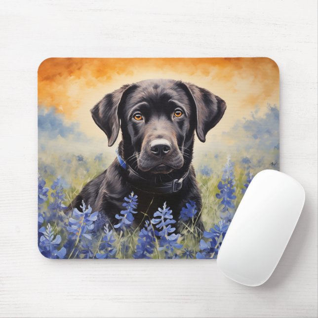 Black Labrador in Bluebonnets Mouse Pad (With Mouse)