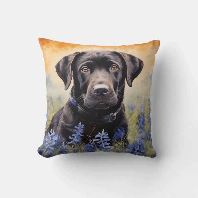 Black Labrador in Bluebonnets Throw Pillow (Front)