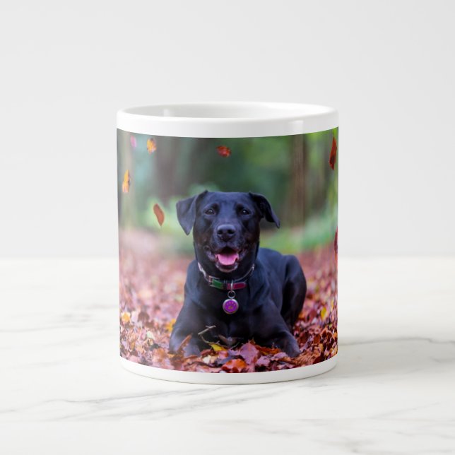 Black Labrador In Fall Leaves Giant Coffee Mug (Front)