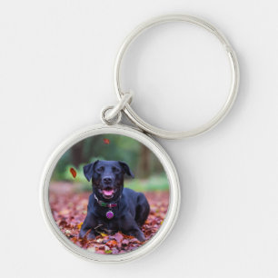 Black Labrador In Fall Leaves Keychain