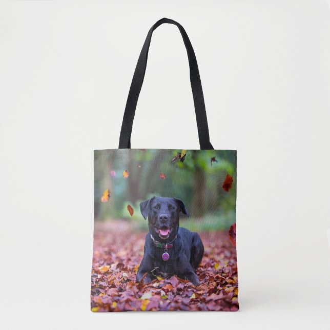 Black Labrador In Fall Leaves Tote Bag (Front)