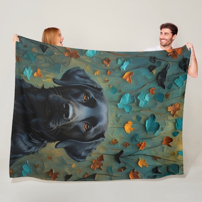 Black Labrador in Leaves Fleece Blanket (In Situ)