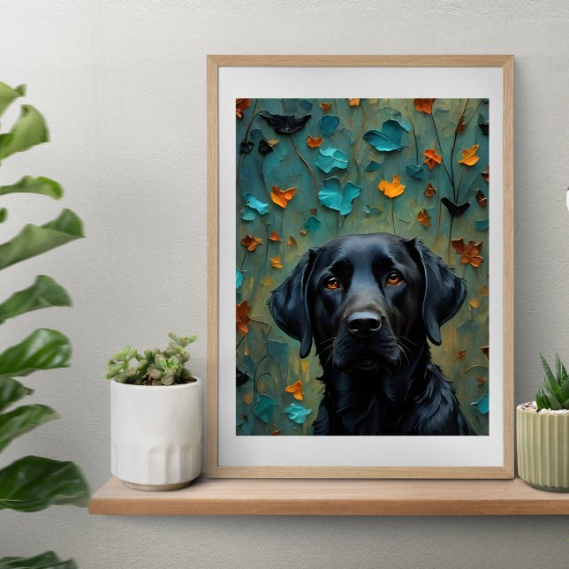 Black Labrador in Leaves  Poster (Black Labrador in Leaves Poster print artwork from Ricaso. Stunning black lab retriever print)