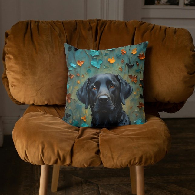 Black Labrador in Leaves Throw Pillow (Black Labrador in Leaves Throw Pillow by Ricaso. Dog artwork on a cozy home pillow, ideal gift idea)