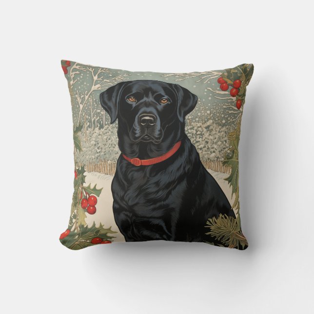 Black Labrador in Winter Throw Pillow (Front)
