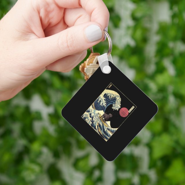 Black Labrador Japanese Kanagawa Wave Funny Surf D Keychain (Hand)