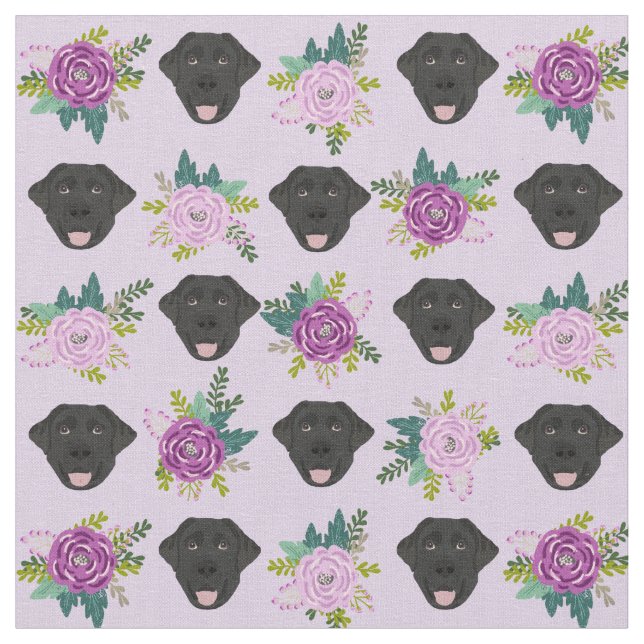 Black Labrador lavender florals pastel Fabric (Close Up)