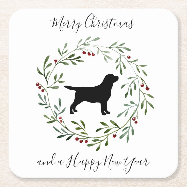 Black Labrador Merry Christmas Retriever Dog Square Paper Coaster (Front)