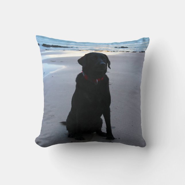Black Labrador on a beach Throw Pillow (Front)